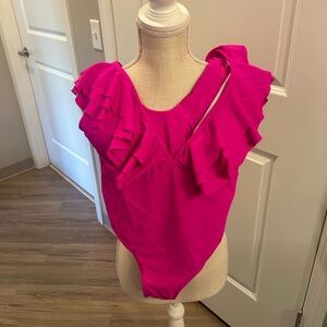 BRIGHT PINK - SHEIN - One piece - super plunge cleavage frilly.  LARGE